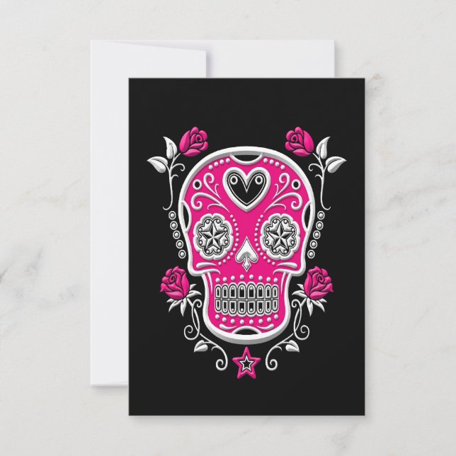 Witte en roze suikerschedel met Rozen op zwart (Voorkant)