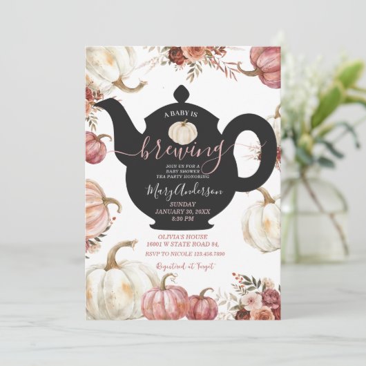 Witte en Roze Tea Party Pumpkin Baby is brouwen Kaart (Staand voorkant)