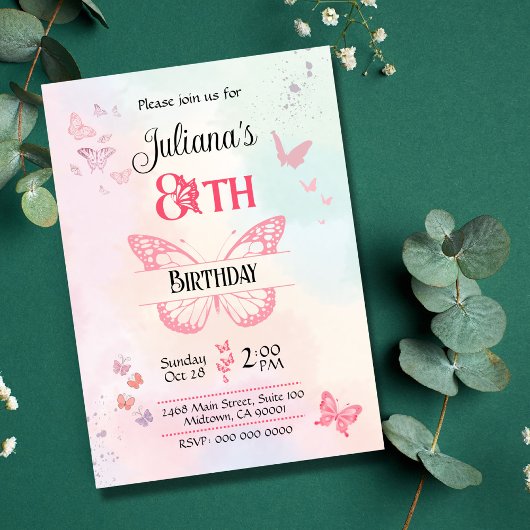 Witte en roze vlinder thema 8e verjaardag kaart