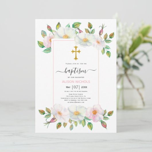 Witte en roze wilde hond roos bloemendoop kaart (Staand voorkant)