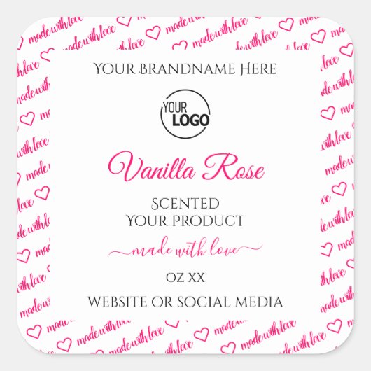 Witte en roze Word Cloud-productlabels met Logo Vierkante Sticker (Voorkant)