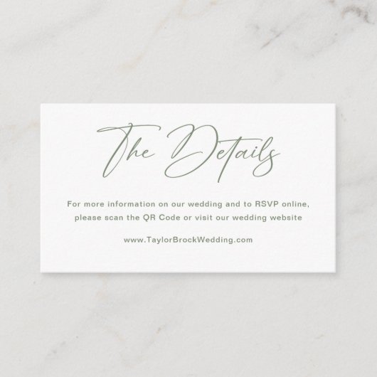 Witte en Sage Groene Huwelijksdetails QR Code Informatiekaartje (Voorkant)