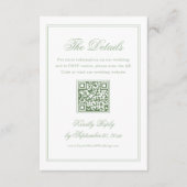 Witte en saliegroene trouwdetails QR-code Informatiekaartje (Voorkant)