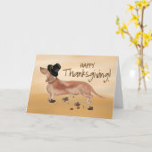 Witte en Tan Dachshund Pilgrim Pet Thanksgiving Kaart (Gele Bloem)