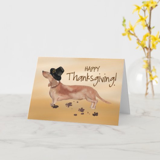 Witte en Tan Dachshund Pilgrim Pet Thanksgiving Kaart (Gele Bloem)