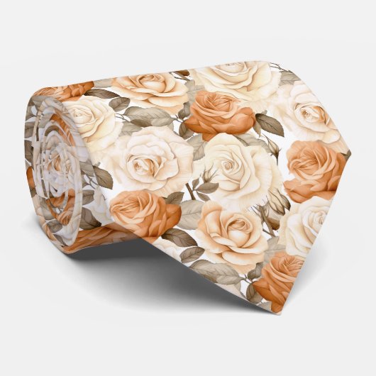 Witte en taupe rozen op wit stropdas (Opgerold)