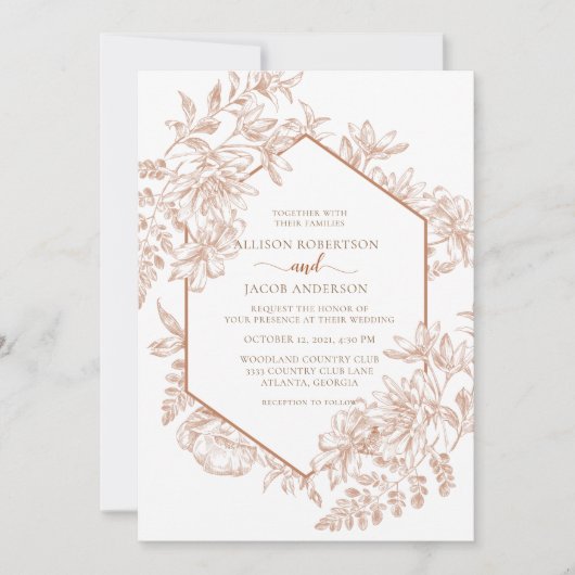 Witte en Terra Cotta Geometrische bloemenbruiloft Kaart (Voorkant)