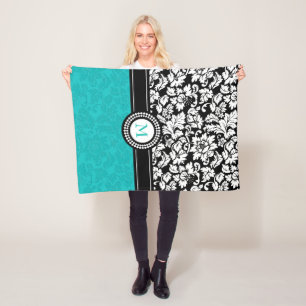 Witte en turquoise damast fleece deken