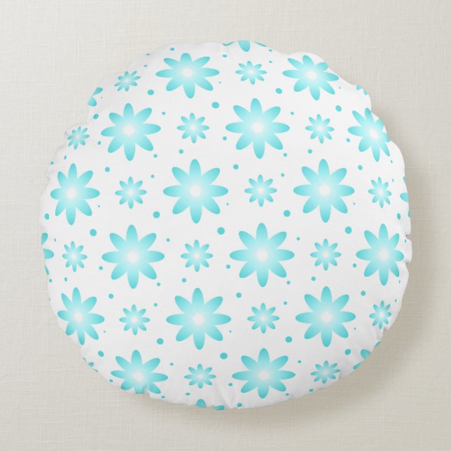 Witte en turquoise delicate daisy, stippen patroon rond kussen (Voorkant)