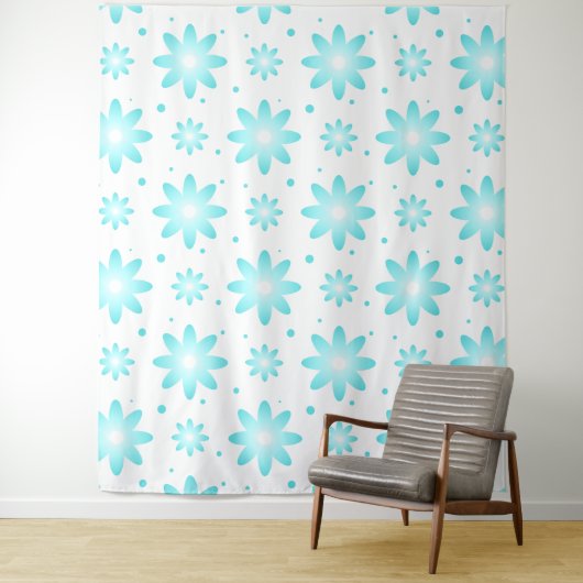 Witte en turquoise delicate daisy, stippen patroon wandkleed (In situ)