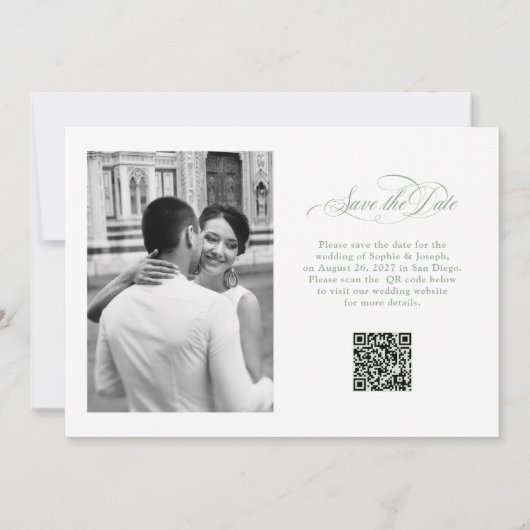 Witte en wijze Italiaanse elegantie Twee foto QR-c Save The Date (Achterkant)