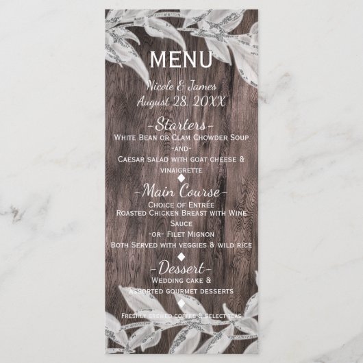 Witte en zilveren bladeren en bijtende wood, elega menu (Voorkant)
