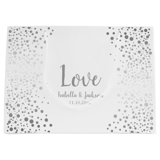 Witte en zilveren Confetti Stippen Large Cadeautasje (Voorkant)