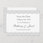 Witte en zilveren kant Bewaar de datum bruiloft A2 Aankondigingskaart (Voorkant / Achterkant)