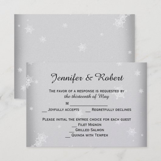 Witte en Zilveren Sneeuwvlok Huwelijksreactie Kaar RSVP Kaartje (Voorkant / Achterkant)