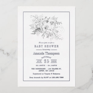 Witte en Zilverige  Rozen Baby shower Folie Uitnodiging