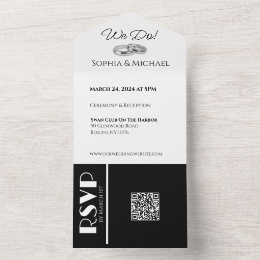 Witte en zwarte affaire-trouwringen- all in one uitnodiging (Binnen)