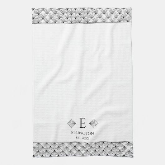 Witte en zwarte Art Deco Fan Diamond Monogram Theedoek (Verticaal)