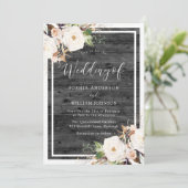 Witte en zwarte bloemen Charcoal Rustic Wood Wedde Kaart (Staand voorkant)