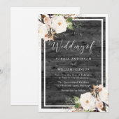 Witte en zwarte bloemen Charcoal Rustic Wood Wedde Kaart (Voorkant / Achterkant)