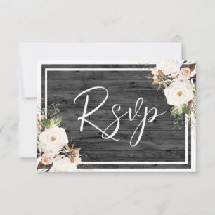 Witte en zwarte bloemen Charcoal Rustic Wood Wedde RSVP Kaartje
