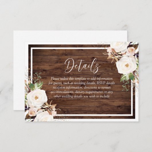 Witte en zwarte bloemen Rustic Wood Weddenschap Informatiekaartje (Voorkant / Achterkant)