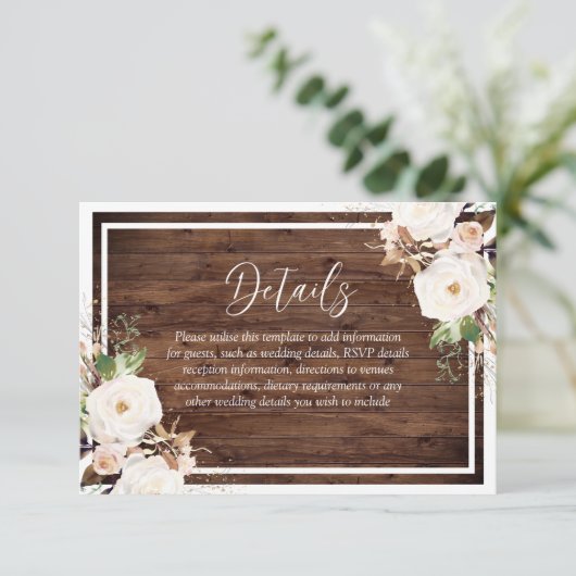 Witte en zwarte bloemen Rustic Wood Weddenschap Informatiekaartje (Staand voorkant)