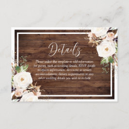 Witte en zwarte bloemen Rustic Wood Weddenschap Informatiekaartje