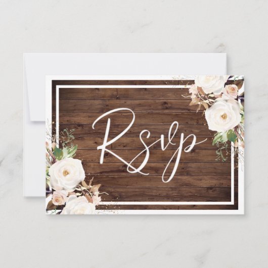 Witte en zwarte bloemen Rustic Wood Weddenschap RSVP Kaartje (Voorkant)