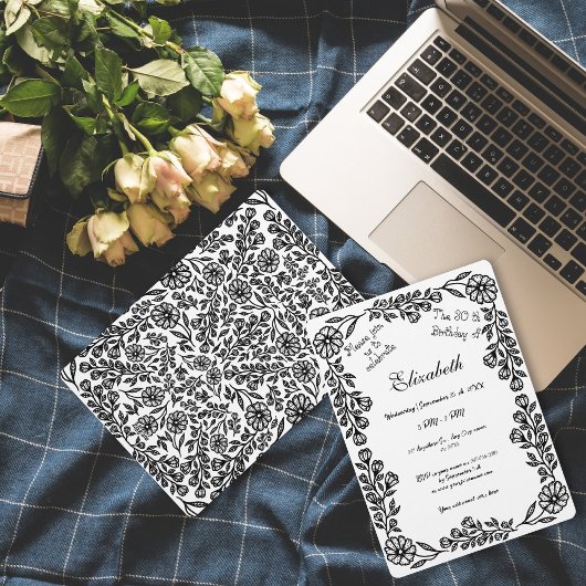 Witte en zwarte botanische bloem 30e verjaardag kaart