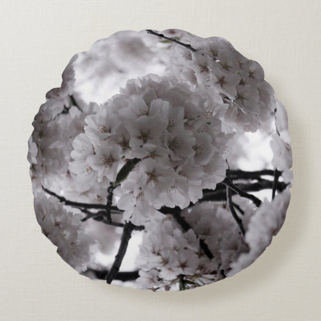 Witte en zwarte Cherry Blossom Rond Kussen (Voorkant)