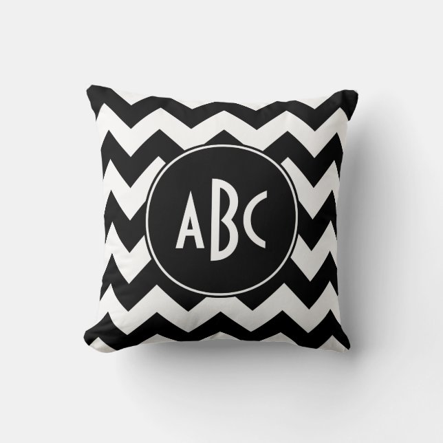 Witte en zwarte Chevron Monogram Kussen (Voorkant)
