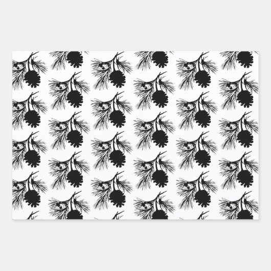 Witte en zwarte dennenspar tak en kegel inpakpapier vel (Voorkant 2)