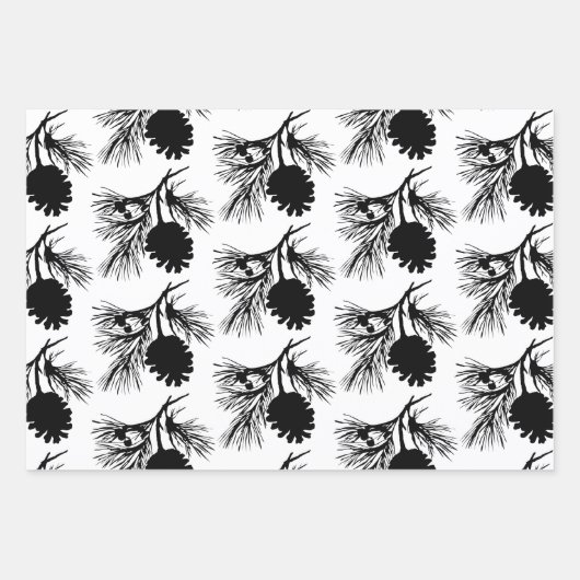 Witte en zwarte dennenspar tak en kegel inpakpapier vel (Voorkant)