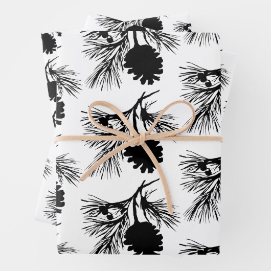 Witte en zwarte dennenspar tak en kegel inpakpapier vel (In situ)