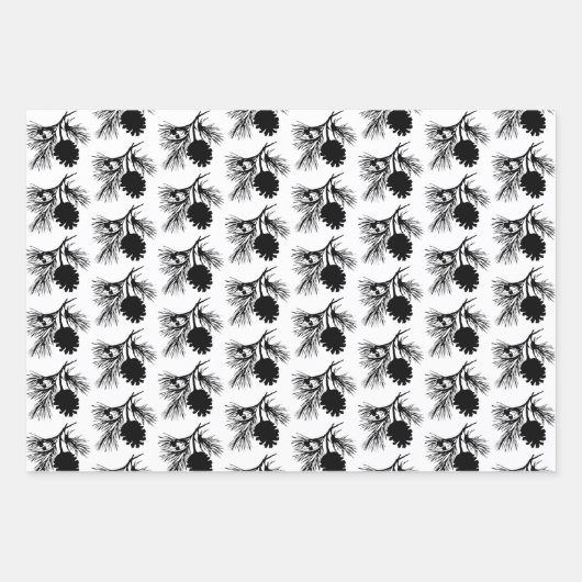 Witte en zwarte dennenspar tak en kegel inpakpapier vel (Voorkant 3)