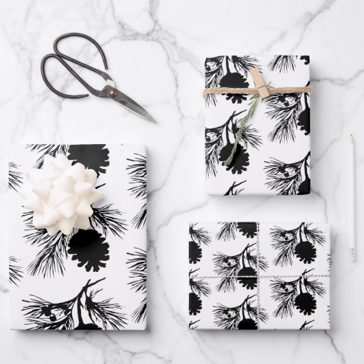Witte en zwarte dennenspar tak en kegel inpakpapier vel (Voorkant)