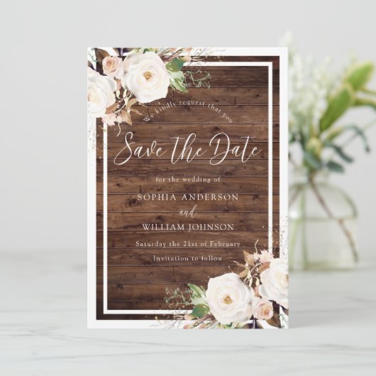 Witte en zwarte Floral Rustic Winter Spring Weddin Save The Date (Staand voorkant)