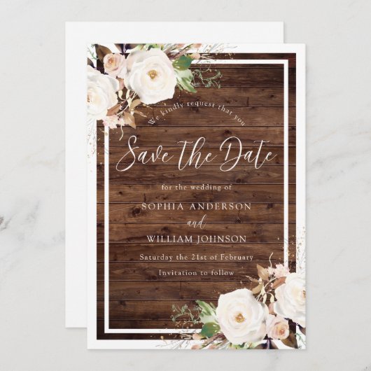 Witte en zwarte Floral Rustic Winter Spring Weddin Save The Date (Voorkant / Achterkant)