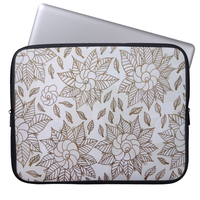 Witte en zwarte florale textiel laptop sleeve (Voorkant)