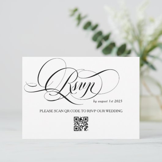 Witte en zwarte kalligrafie bruiloft RSVP kaartje (Staand voorkant)