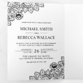 Witte en zwarte kant trouwfoto drieluik uitnodiging (Binnenzijde eerst)