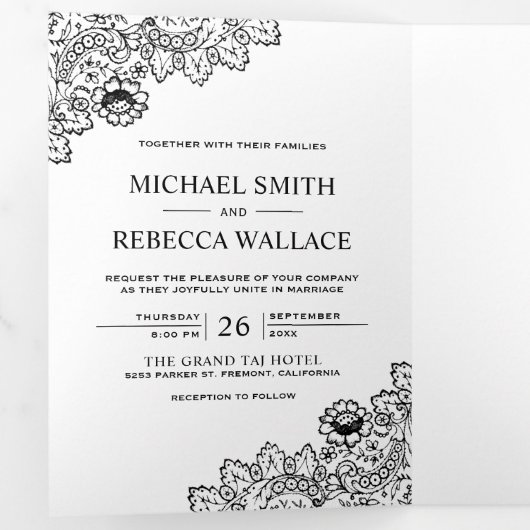 Witte en zwarte kant trouwfoto drieluik uitnodiging (Binnenzijde eerst)