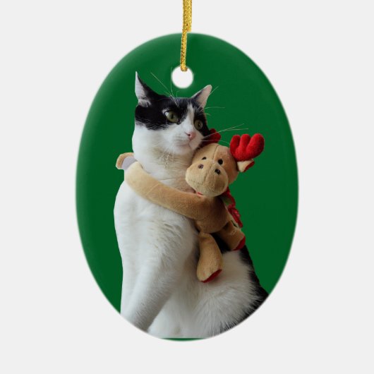Witte en zwarte kat en rendierkerst Speelgoed Keramisch Ornament (Voorkant)