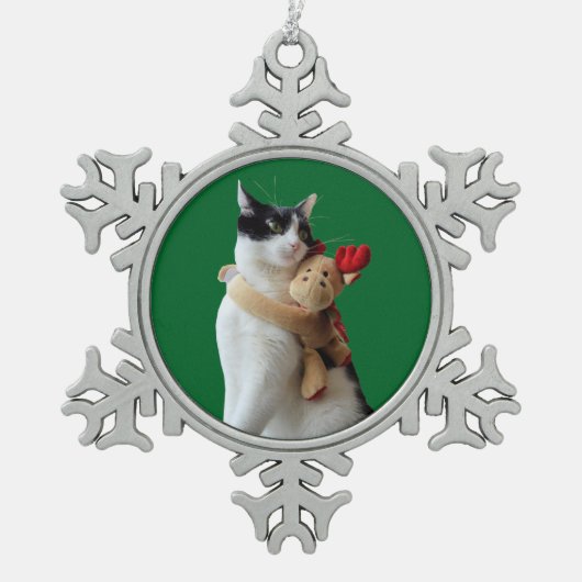 Witte en zwarte kat en rendierkerst Speelgoed Tin Sneeuwvlok Ornament (Voorkant)