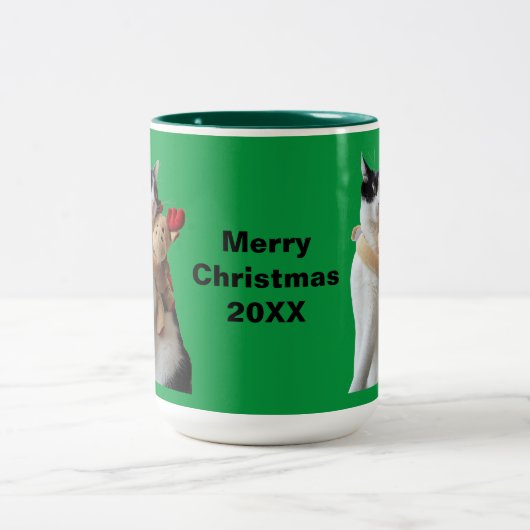 Witte en zwarte kat en rendierkerst Speelgoed Tweekleurige Koffiemok (Center)