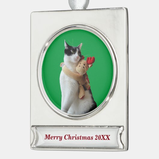 Witte en zwarte kat en rendierkerst Speelgoed Verzilverd Banner Ornament (Links)