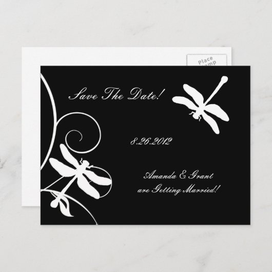 Witte en zwarte libel slaan de datum op aankondigingskaart (Voorkant / Achterkant)