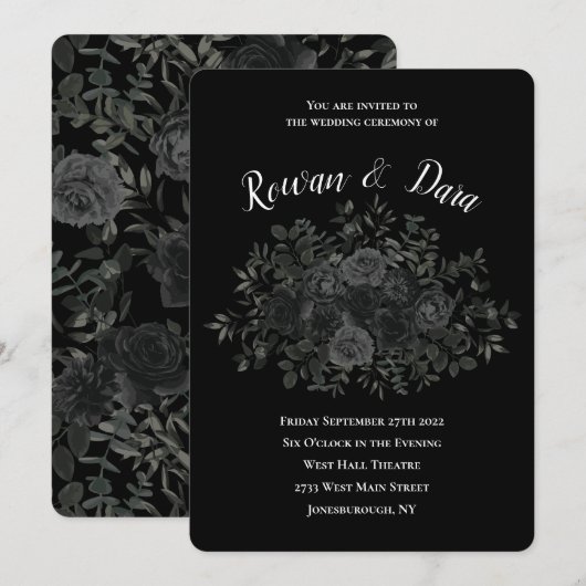 Witte en zwarte Roos Gothic Wedding Invitations Kaart (Voorkant / Achterkant)