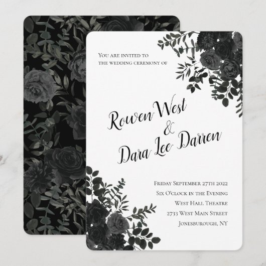 Witte en zwarte Roos Gothic Wedding Invitations Kaart (Voorkant / Achterkant)